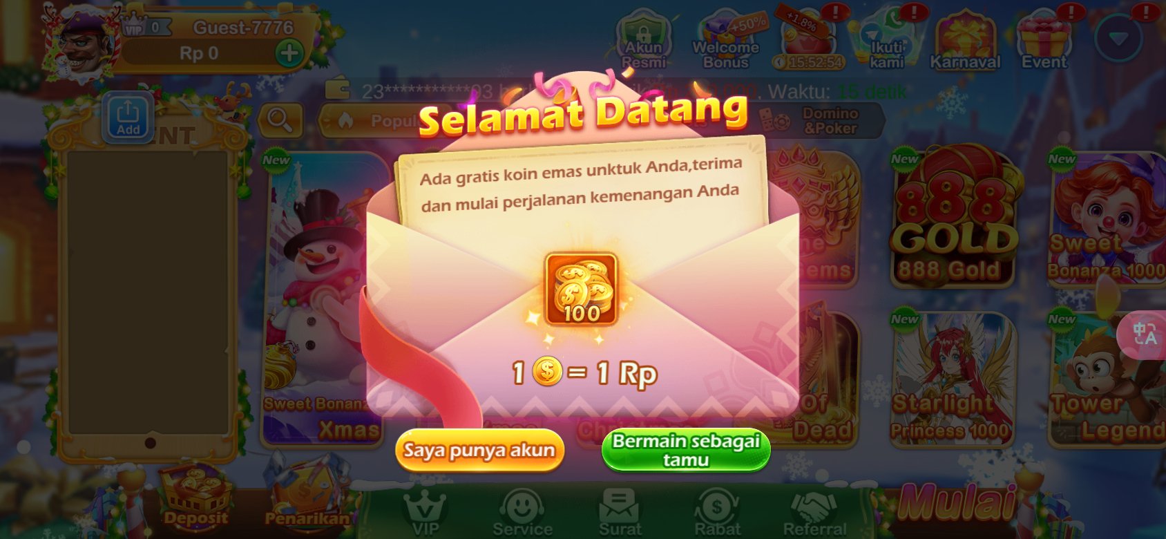 Tampilan awal SATU77 dengan bonus 100 koin emas gratis